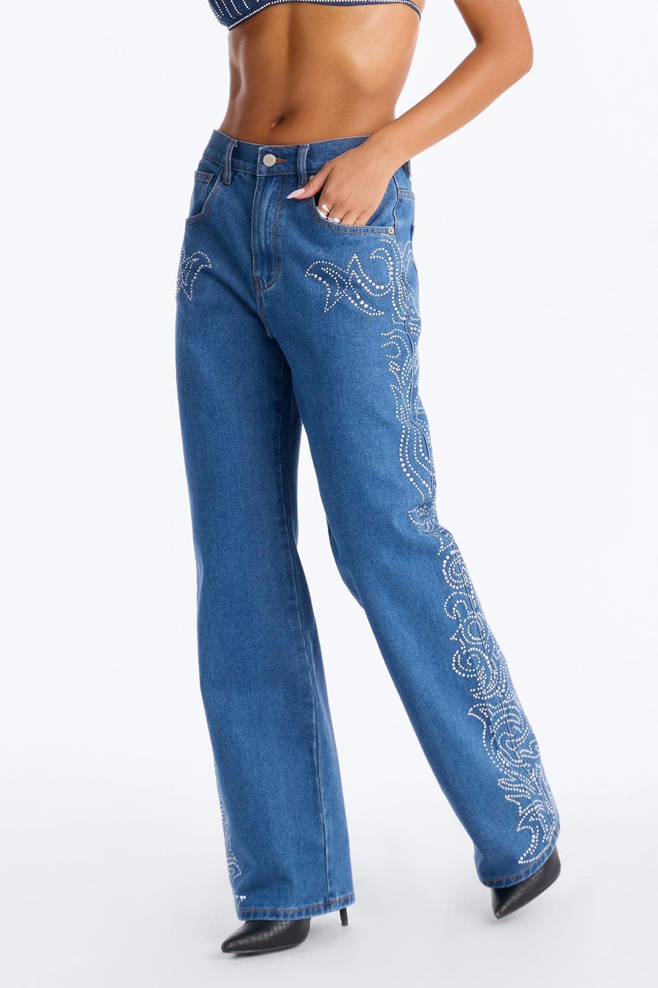 Out West Embellished Straight Leg Jeans - Dark Wash Female Product Image