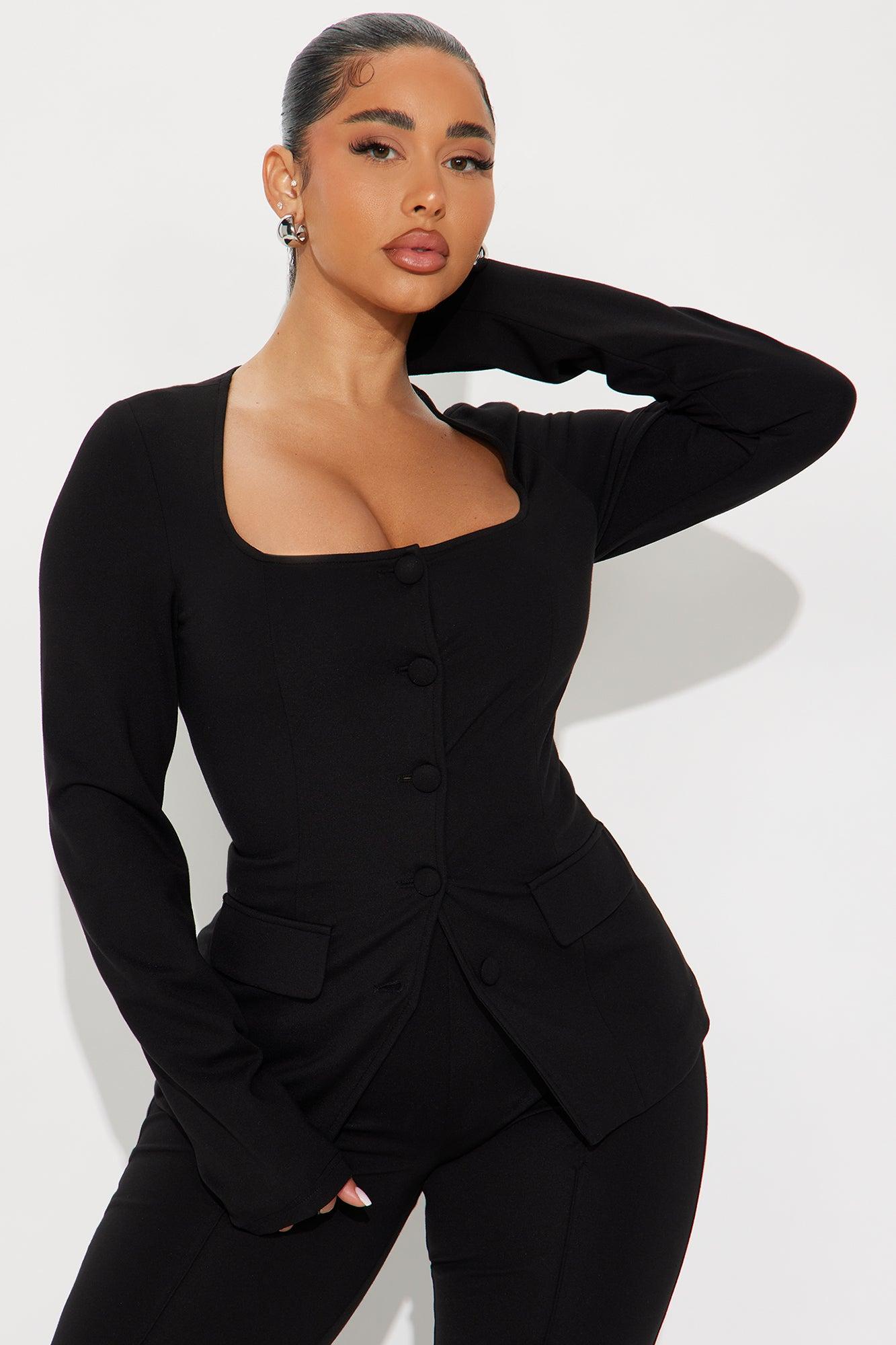 The Mia Double Lined Ponte Long Sleeve Pant Set - Black Product Image