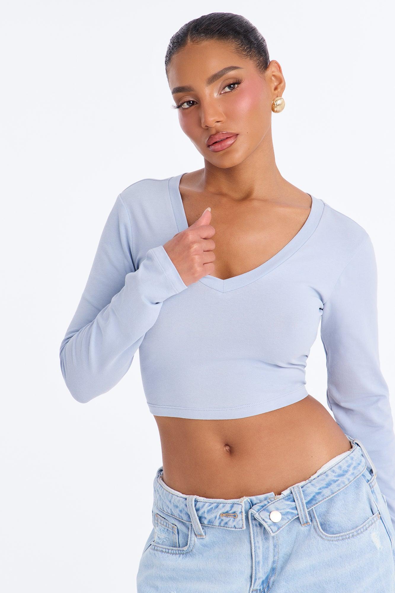 Carly V Neck Crop Long Sleeve Tee - Dusty Blue Female Product Image