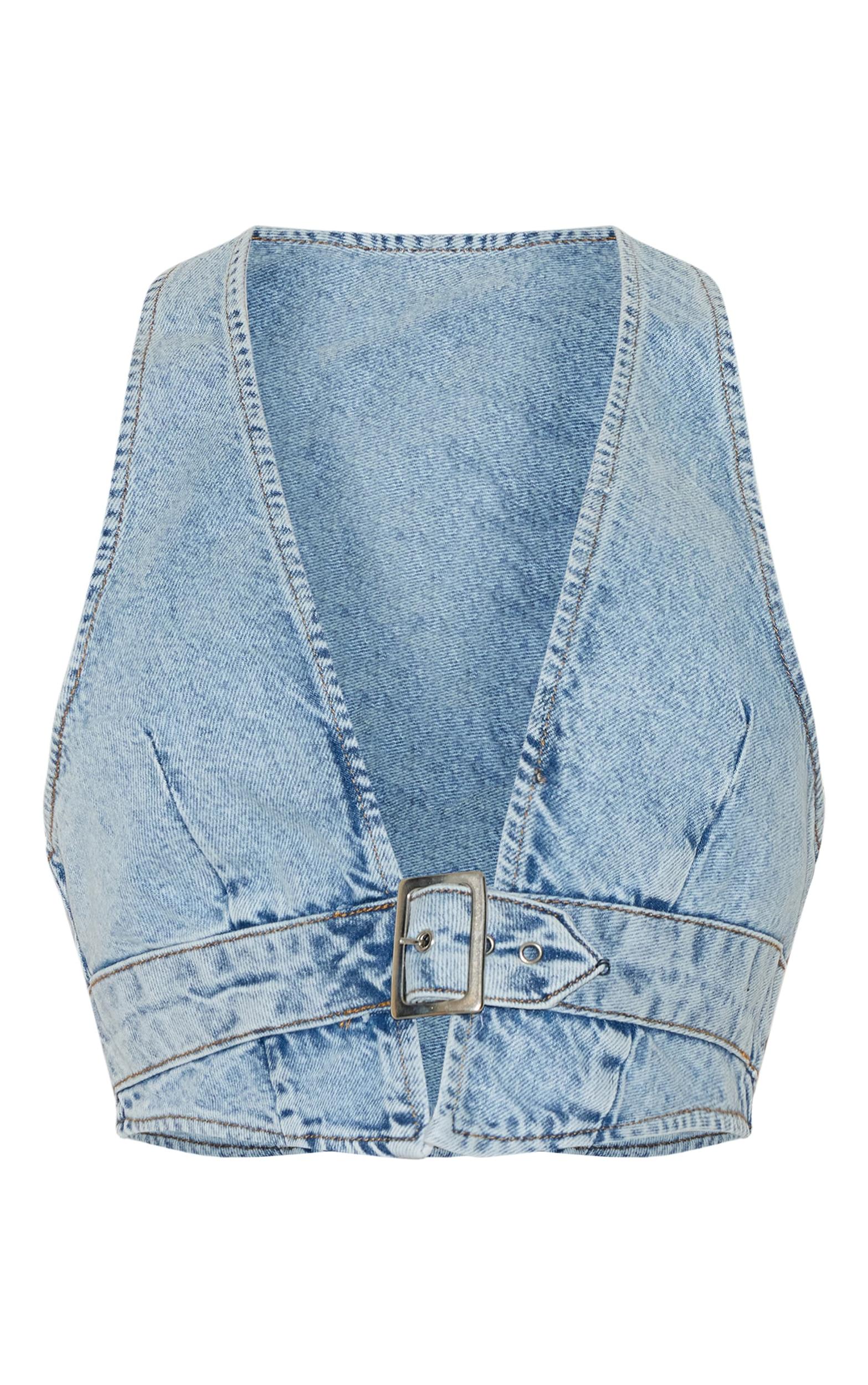 Light Blue Wash Buckle Front Denim Halterneck Top Product Image