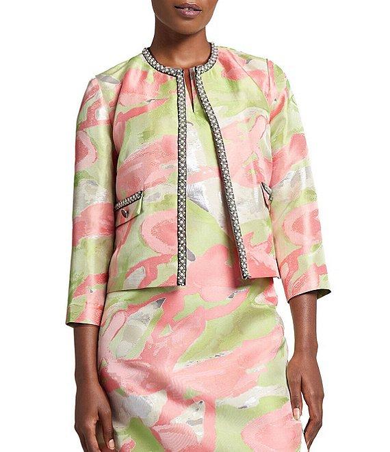 Ming Wang Printed Jacquard Round Neck 3/4 Sleeve Peral Trim Jacket Product Image