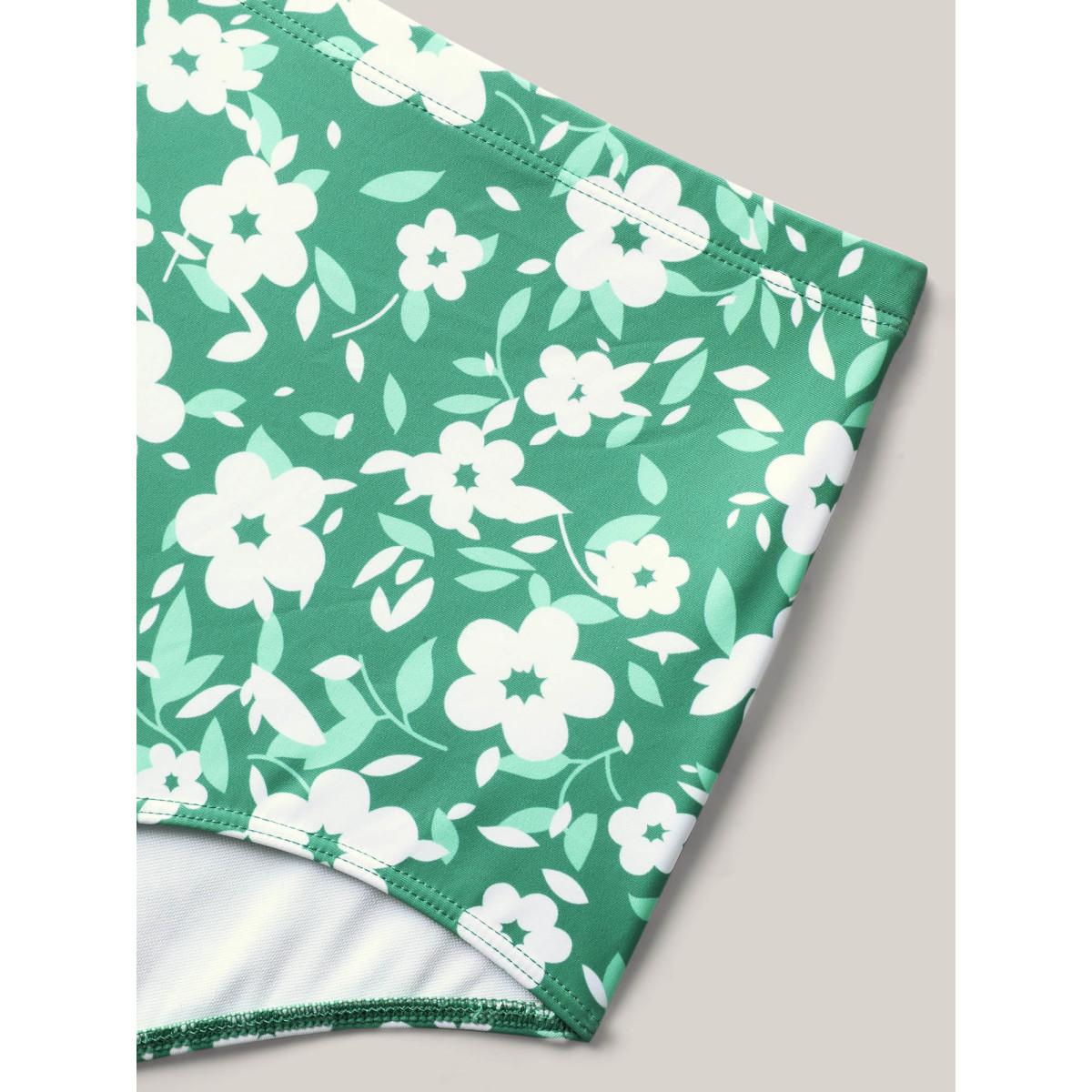 Plus Size Ditsy Floral Print Ruffled Swim Dress Women's Swimwear Greenbean Beach Bodycon One-shoulder neck High stretch Curve Swim Dresses BloomChic 12/L Product Image