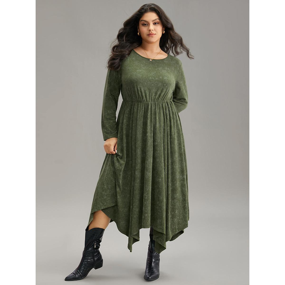 Plus Size Vintage Heather Elastic Waist Hanky Hem Dress ArmyGreen Women Casual Gathered Round Neck Long Sleeve Curvy Midi Dress BloomChic 28/5X Product Image