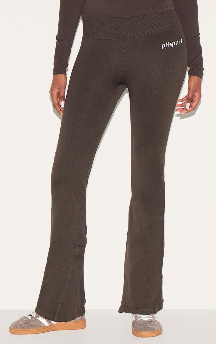 PLT SPORT Espresso Seamless Ribbed Detail High Waist Yoga Flares Product Image