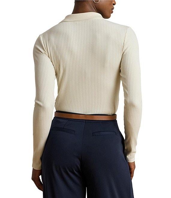 Lauren Ralph Lauren Ribbed Knit V-Neck Johnny Collar Long Sleeve Top Product Image