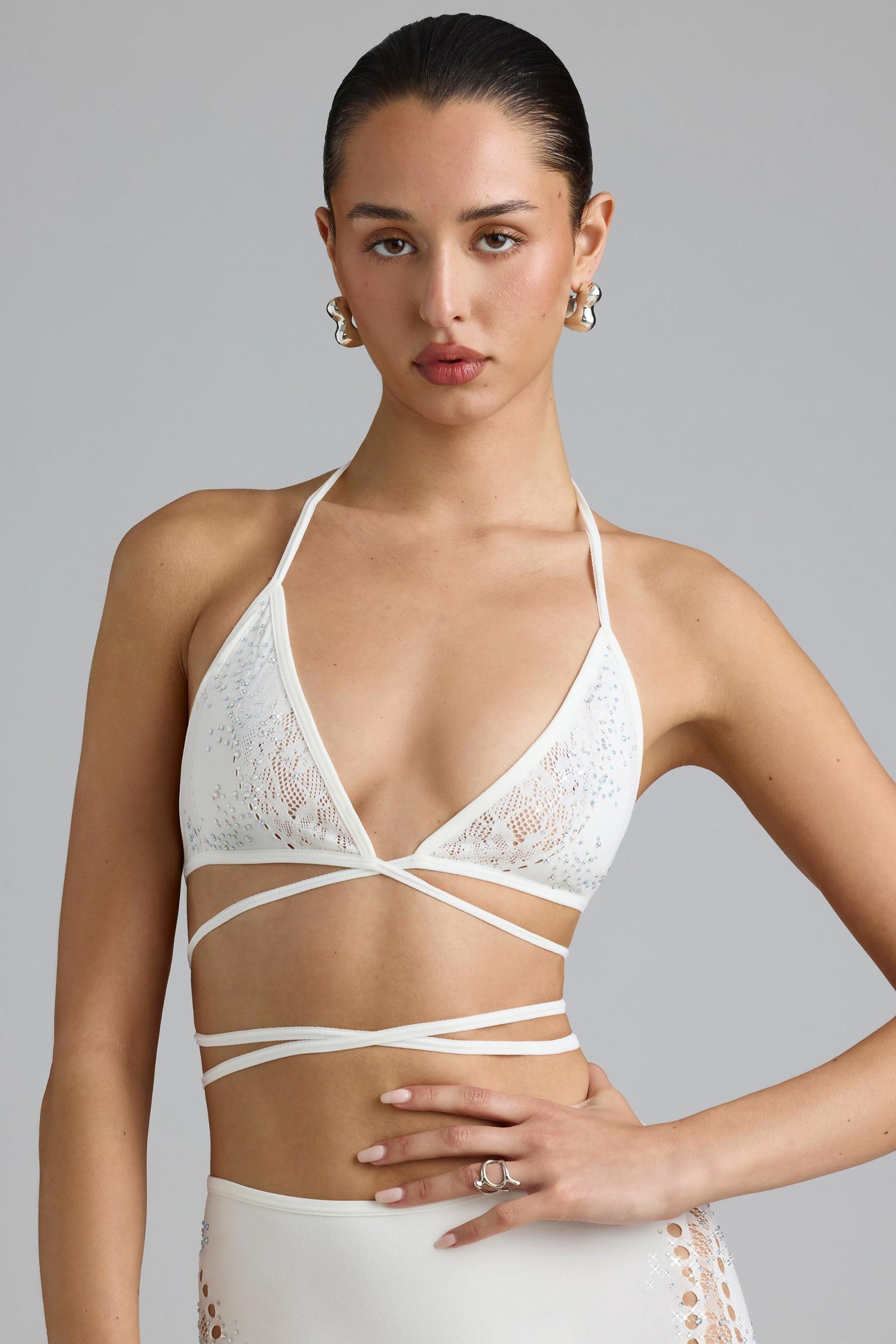 Embellished Cross-Strap Bikini Top in Ivory Female Product Image