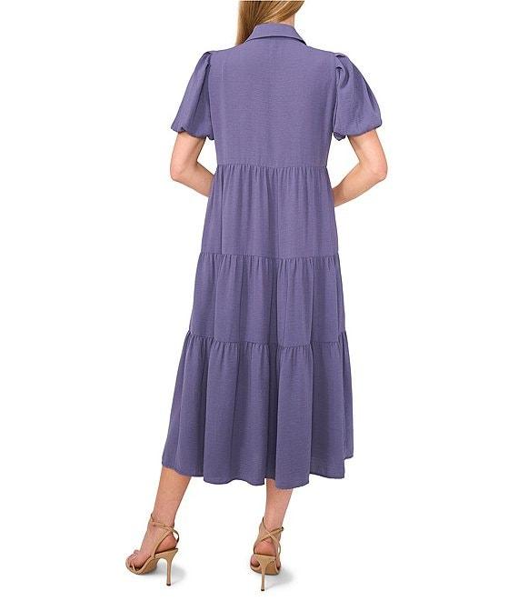 CeCe Gauze Point Collar Short Puff Sleeve Button Front Tiered Midi Shirt Dress Product Image