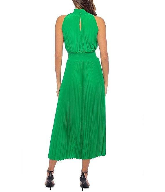 Marina Sleeveless Halter Mock Neck Smocked Pleated Crepe Chiffon A-Line Midi Dress Product Image