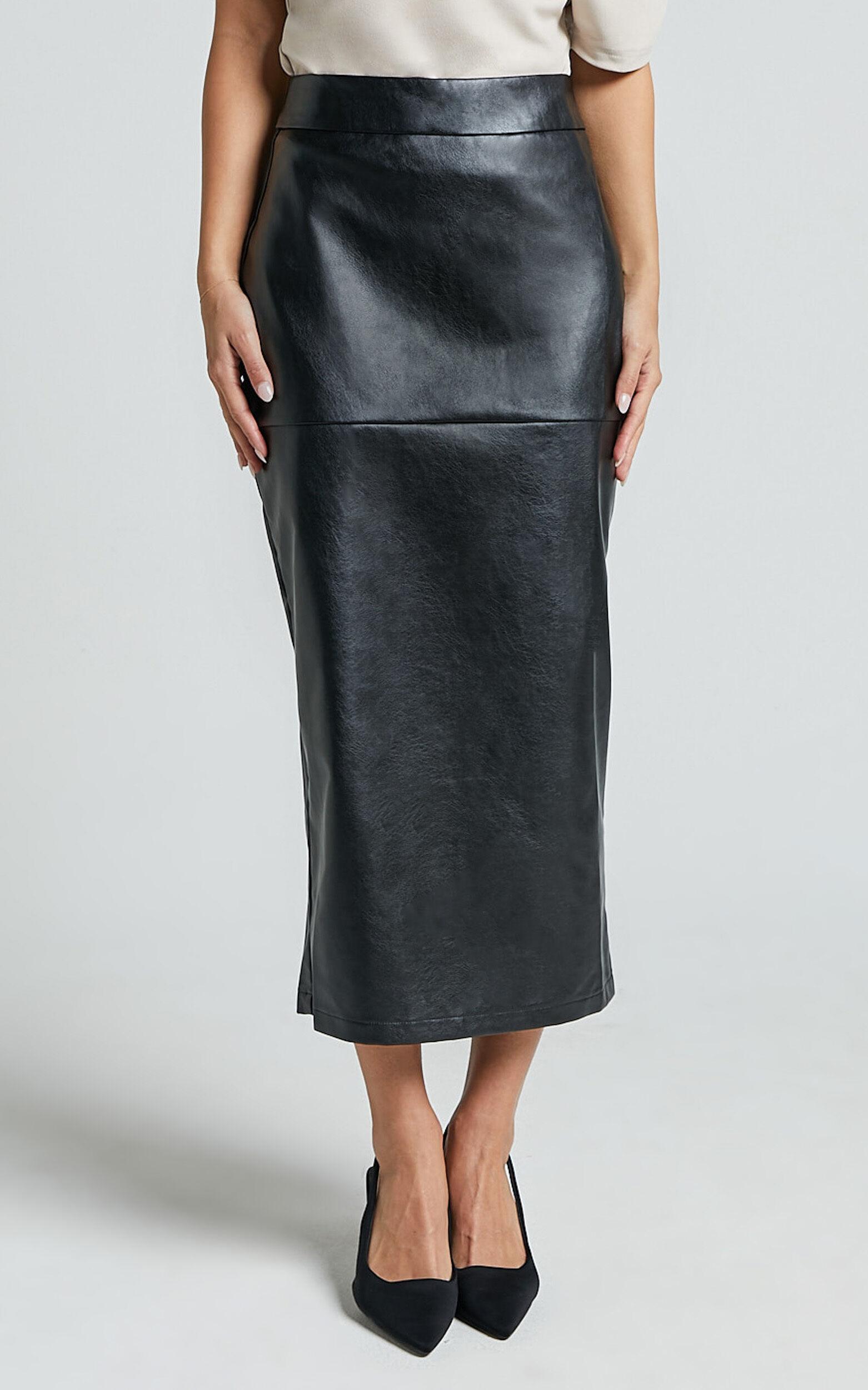 Emma Midi Skirt - High Waisted Faux Leather Skirt in Black Product Image