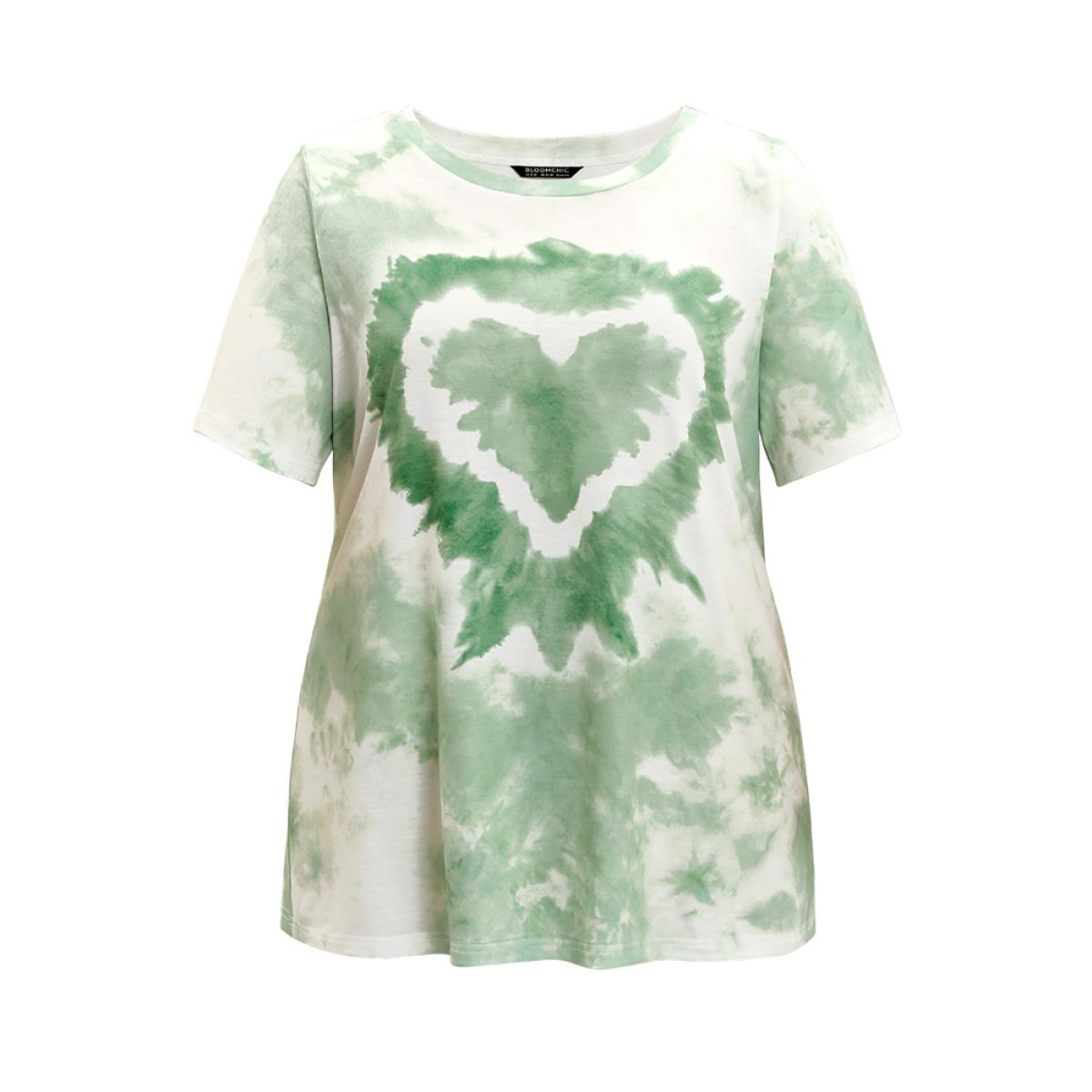 Plus Size Heart Print Crew Neck Tie Dye T-shirt Green Women Casual Heart Print Round Neck Dailywear T-shirts BloomChic 30/6X Product Image