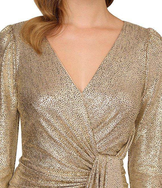 Adrianna Papell Long Sleeve V-Neck Metallic Foiled Knit Draped Dress Product Image