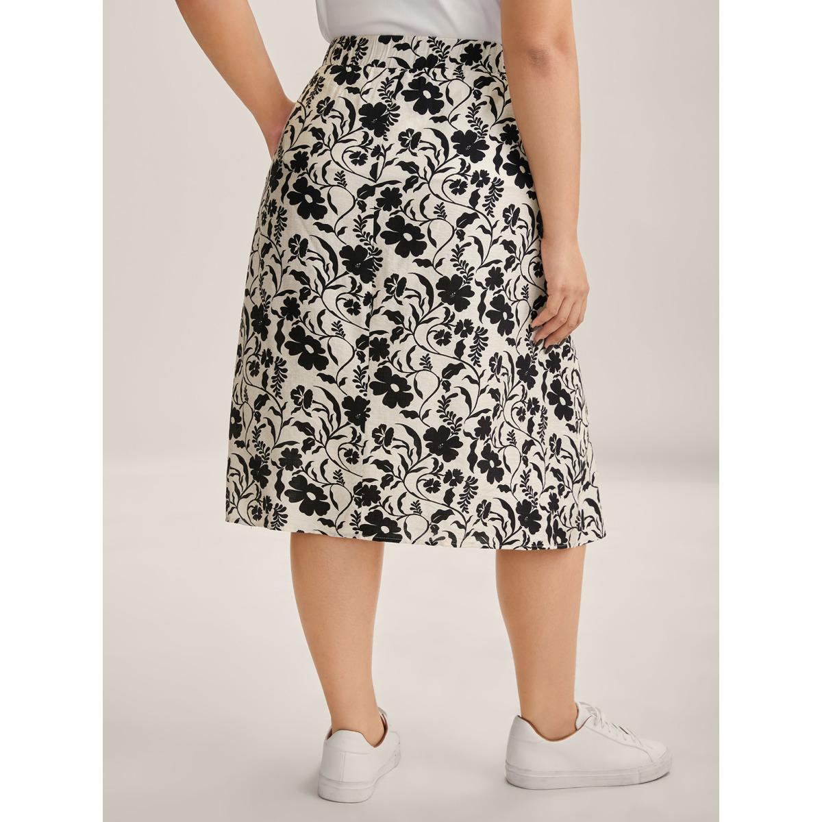 Plus Size Floral Print Belted Midi A-Line Skirt Women Originalwhite Loose No stretch Side seam pocket Belt Everyday-Casual Skirts BloomChic 30/6X Product Image