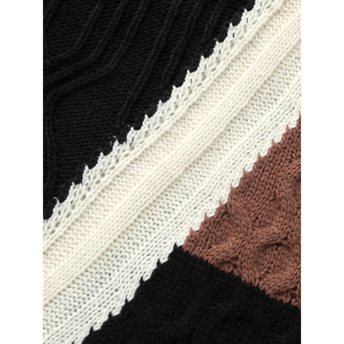 Plus Size Contrast Patchwork Cable Knit Pullover Black Women Casual Loose Long Sleeve Round Neck Everyday Pullovers BloomChic 28/5X Product Image