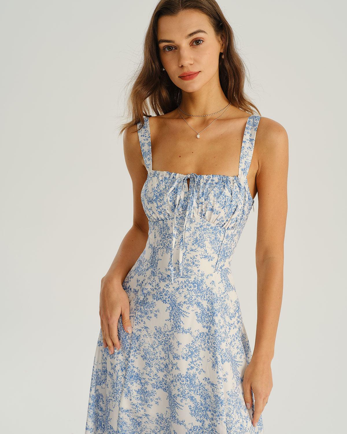 Blue Floral Ruched Slip Midi Dress Product Image