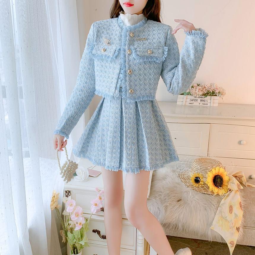 Puff-Sleeve High Neck Blouse / Tweed Faux Pearl Button-Up Jacket / High Waist Mini A-Line Skirt / Set Product Image