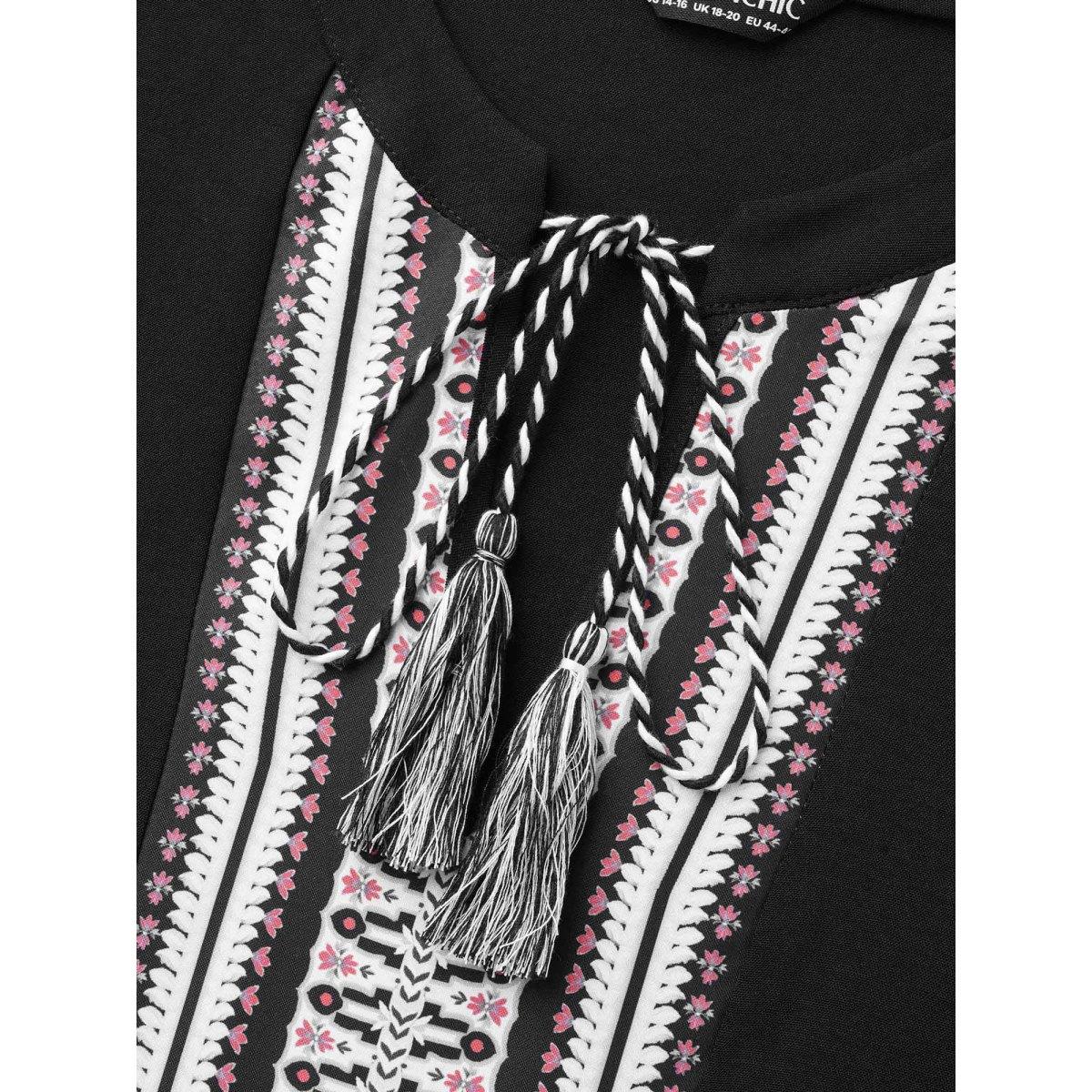 Plus Size Bandana Tie Knot Lantern Sleeve Dress Black Women Resort Woven ribbon&lace trim Flat collar with V-notch Long Sleeve Curvy BloomChic 18-20/2X Product Image