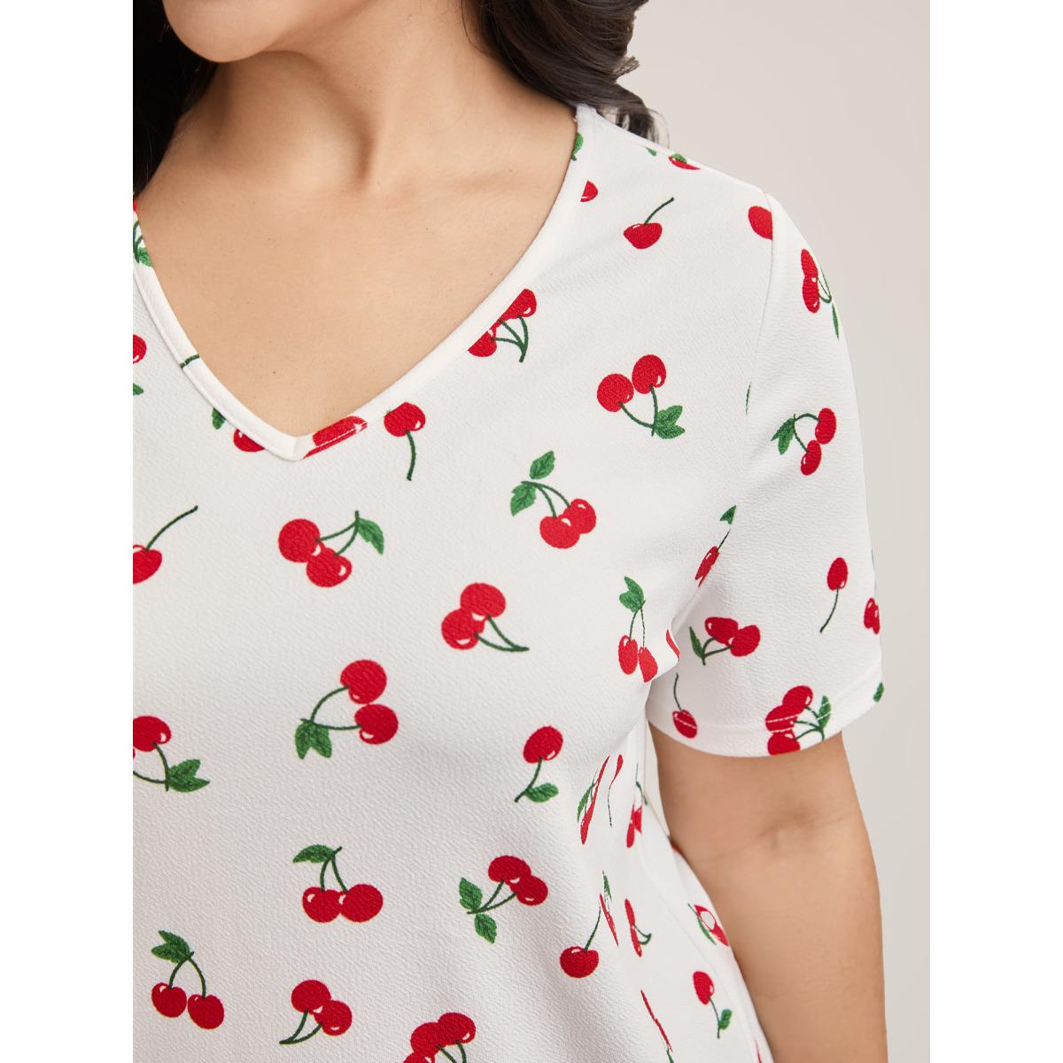Plus Size Cherry Print Stretchy V-Neck T-Shirt WhiteSmoke Women Casual Non Fruit V-neck Everyday T-shirts BloomChic 28/5X Product Image