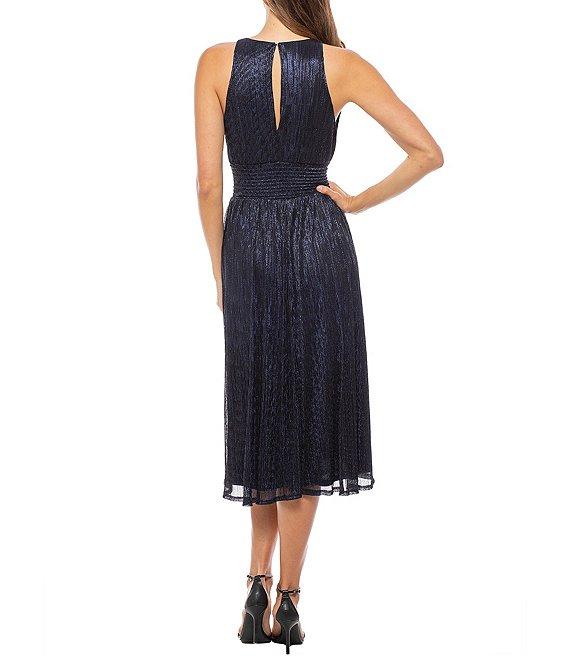 Marina Sleeveless Crew Neck Smocked Waist Metallic Midi Fit and Flare Dress Product Image