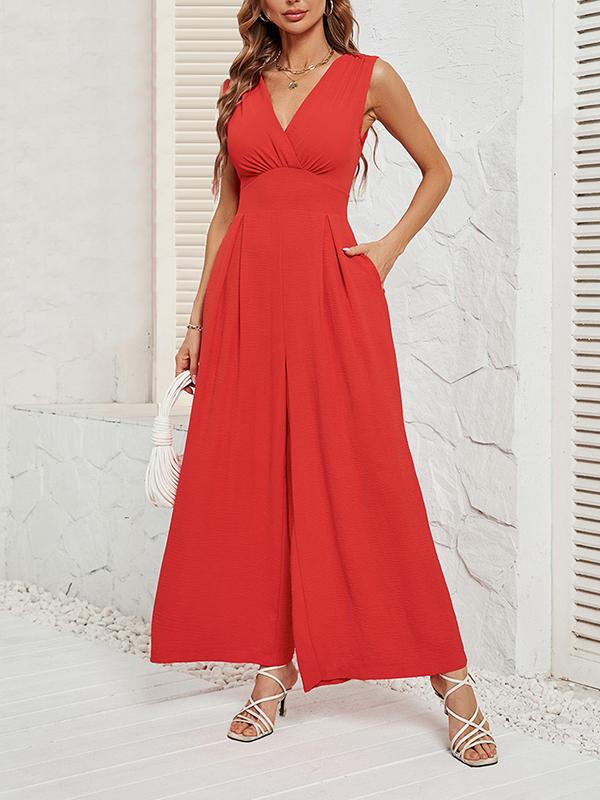 Loose Sleeveless Pleated Solid Color Split-Joint V-Neck Jumpsuits Product Image