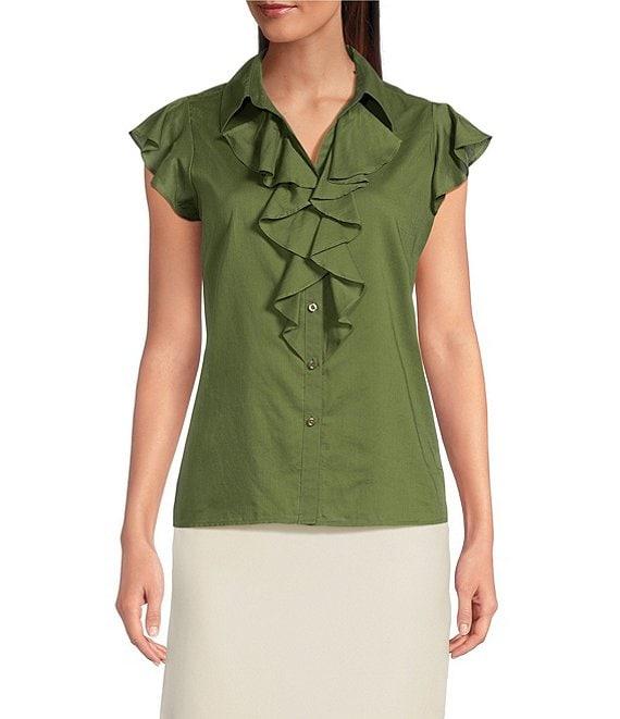 Calvin Klein Cotton Flutter Sleeve Collared Ruffle Button Front Blouse Product Image
