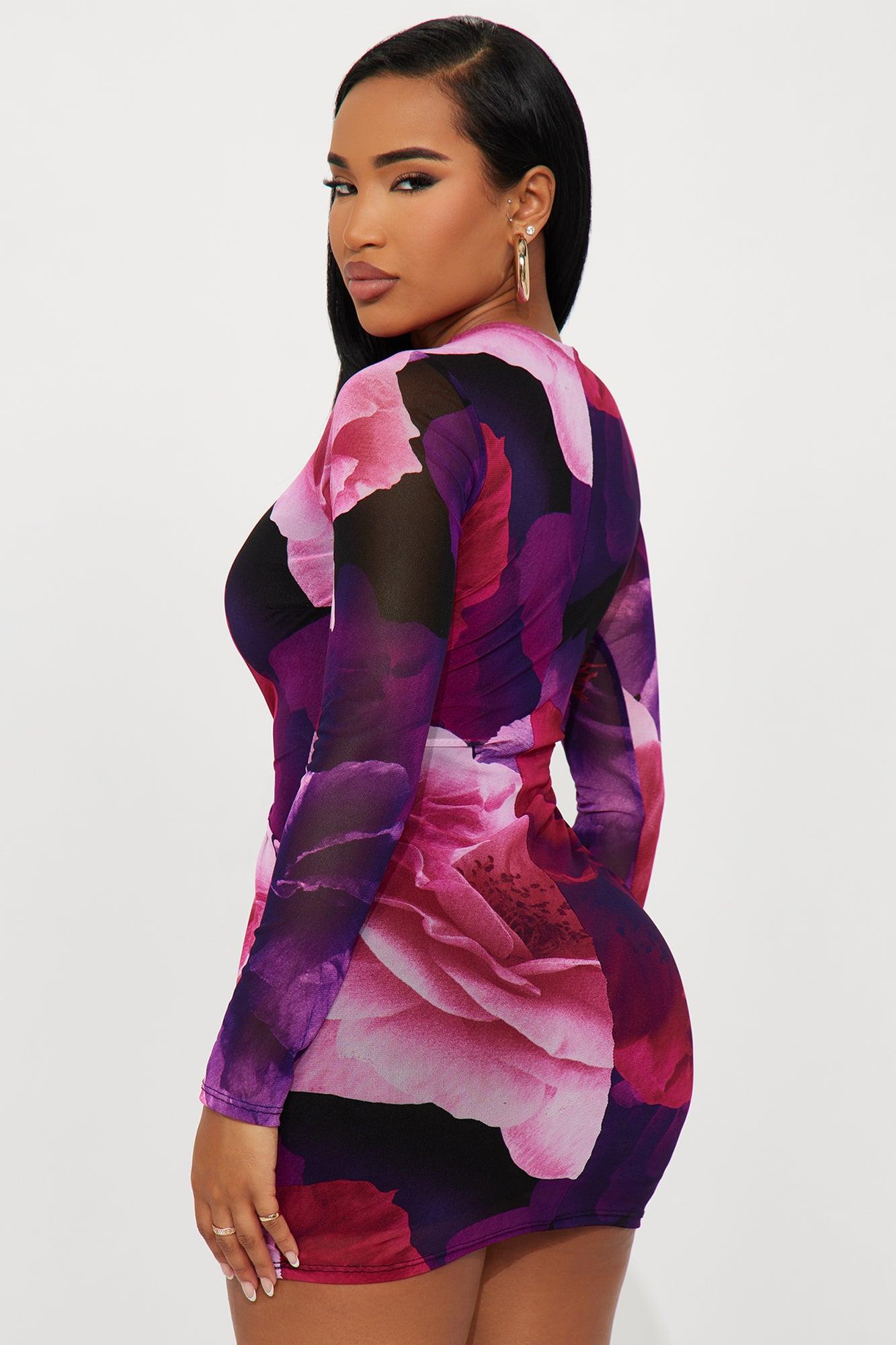 Clara Long Sleeve Floral Mesh Mini Dress - Purple/combo Female Product Image