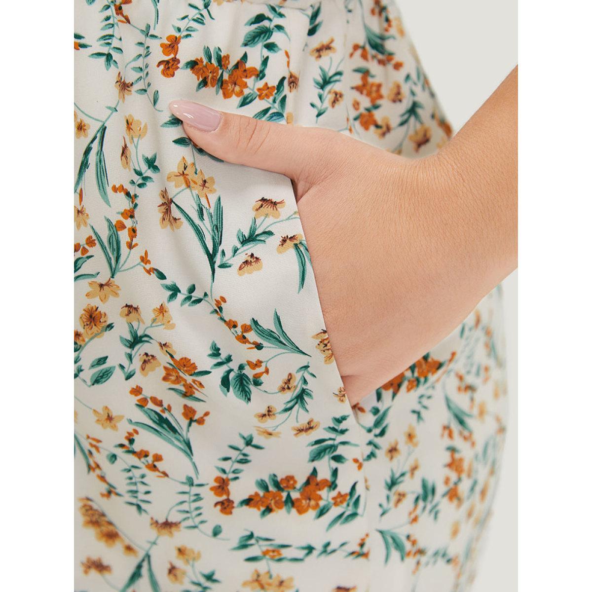 Plus Size White Ditsy Floral Ruffle Trim Pocket Wrap Cami Jumpsuit Women Elegant Sleeveless Spaghetti Strap Dailywear Loose Jumpsuits BloomChic 18-20/2X Product Image