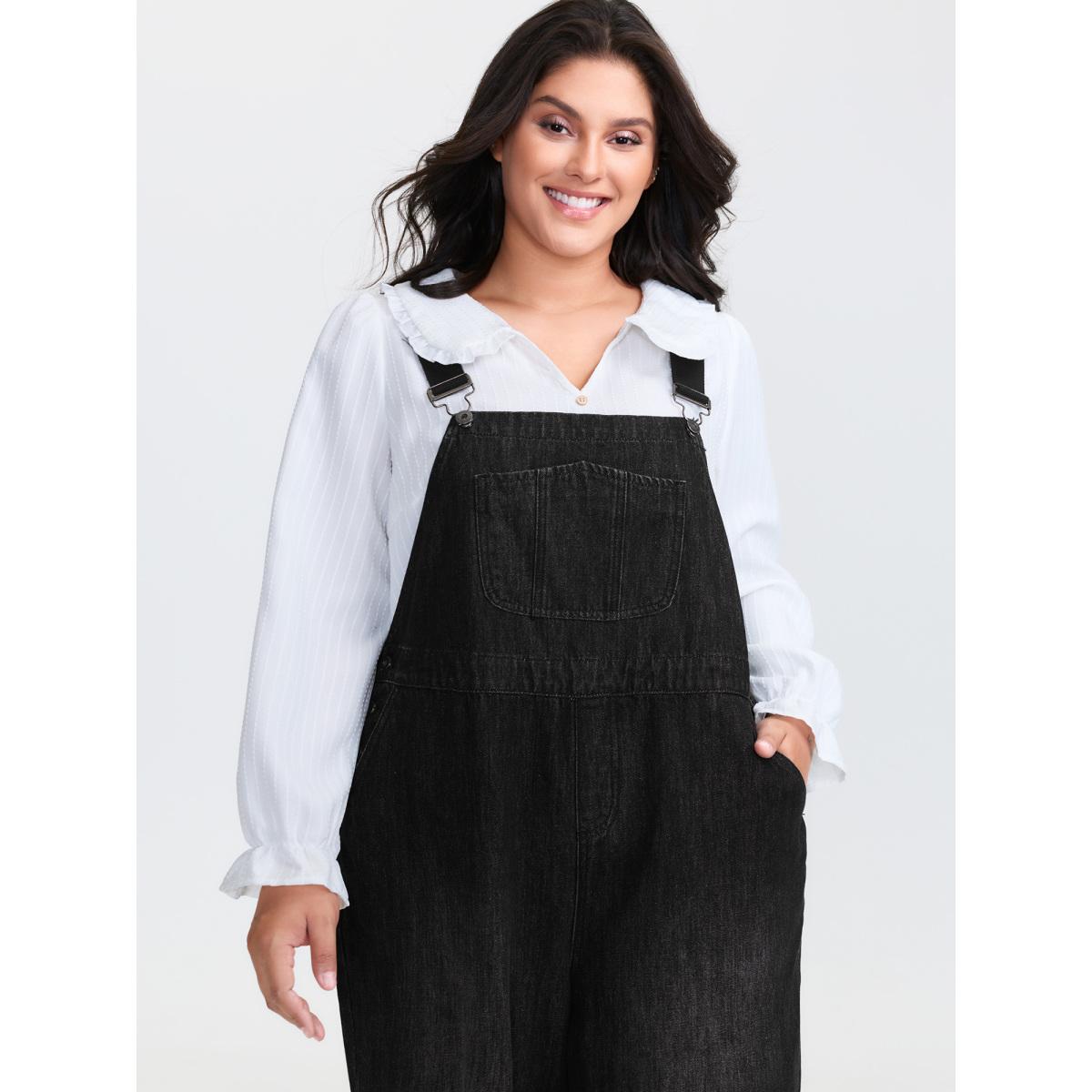 Plus Size Cotton Denim Adjustable Strap Pocketed Jumpsuit Acidwashblack Women No stretch Casual Slanted pocket Leisure Denim Jumpsuits BloomChic 30/6X Product Image