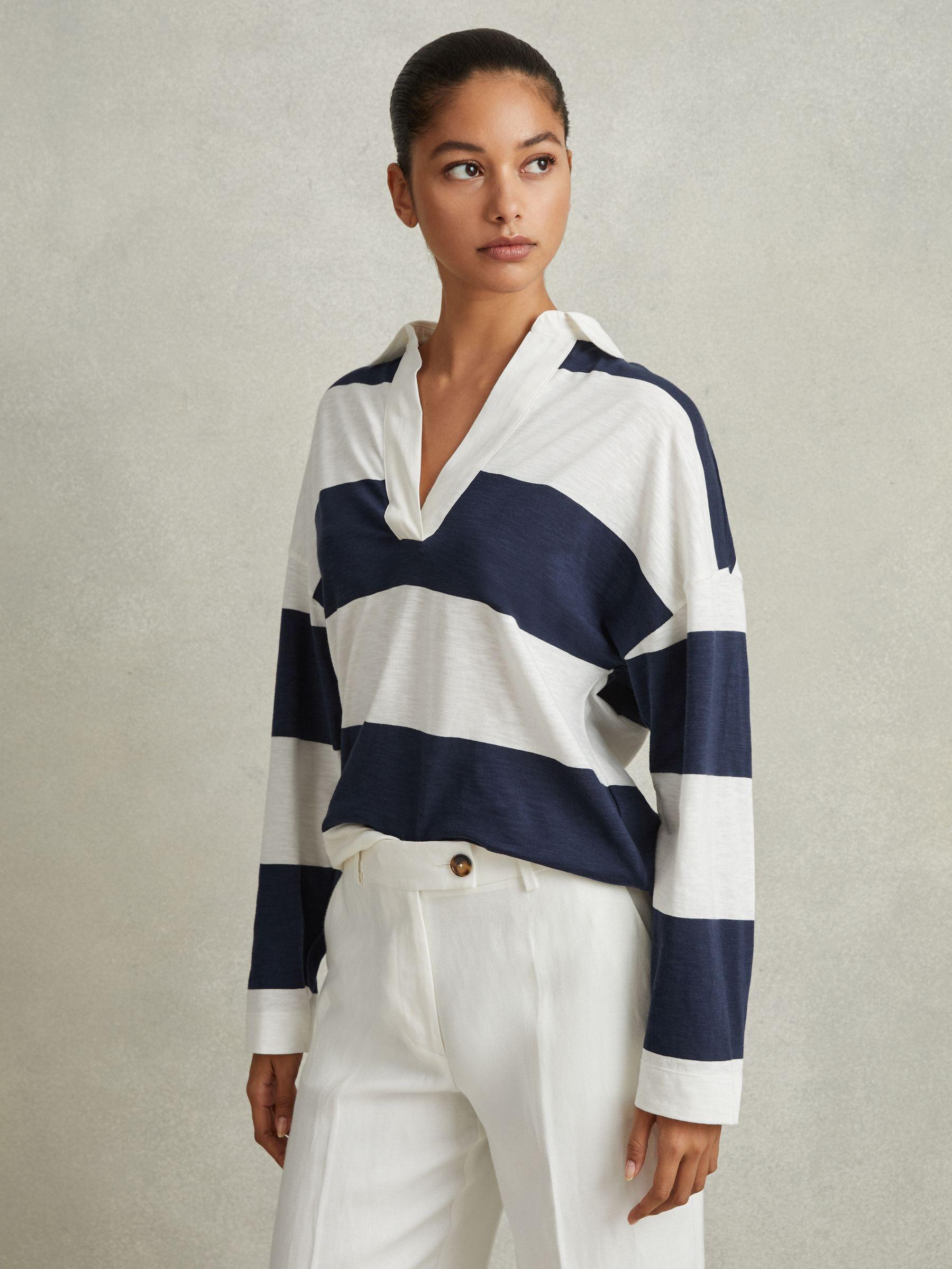Striped Cotton Open-Collar Jumper in Navy/Ivory Product Image