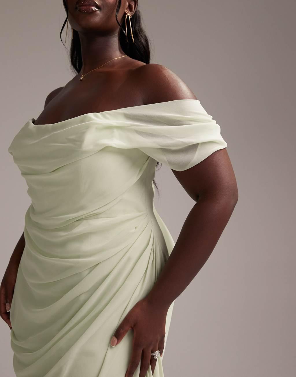 ASOS DESIGN Curve Bridesmaids draped off the shoulder midaxi dress in light green Product Image