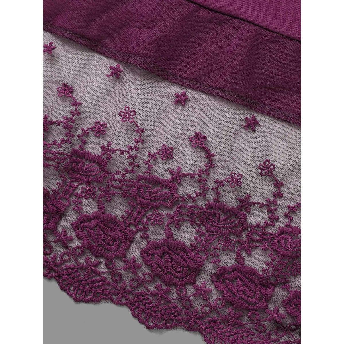 Plus Size Floral Embroidered Mesh Crisscross Dress Deeppurplered Women Timeless Woven ribbon&lace trim Round Neck Long Sleeve Curvy BloomChic 22-24/3X Product Image