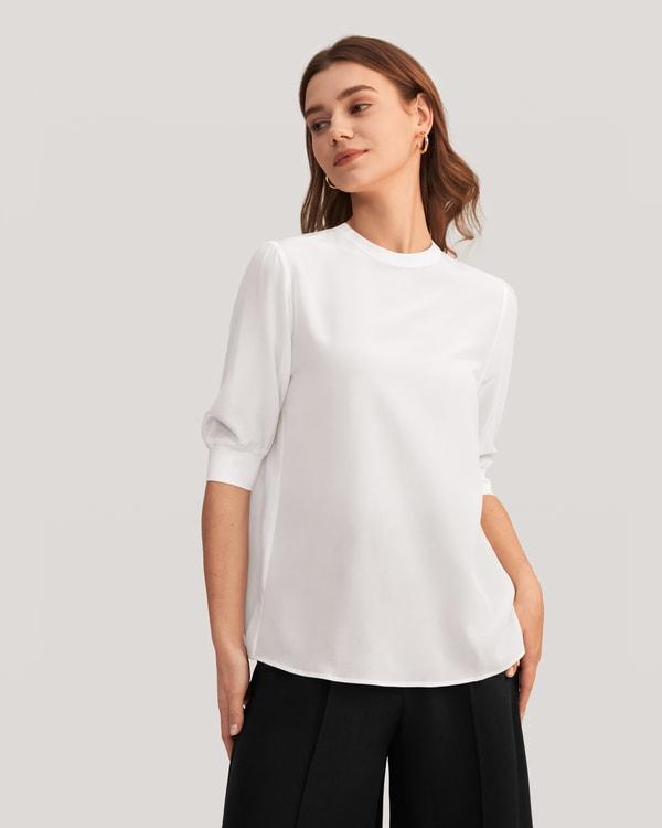 Elegant Casual Silk Tee With Rib Cuff Product Image