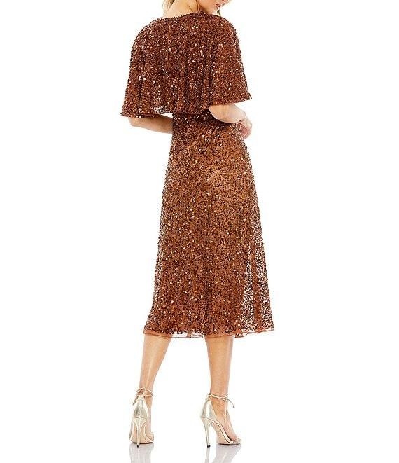 Mac Duggal Sequin Crew Neck Short Sleeve Cape Back Midi Dress Product Image