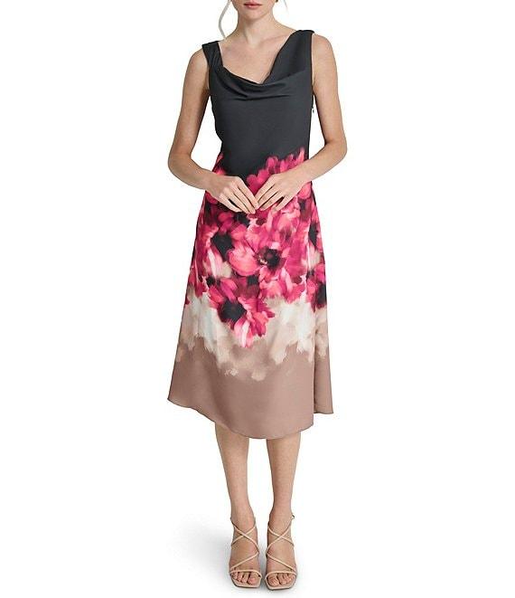 DKNY by Donna Karan Floral Woven Cowl Neck Sleeveless Midi A-Line Dress Product Image