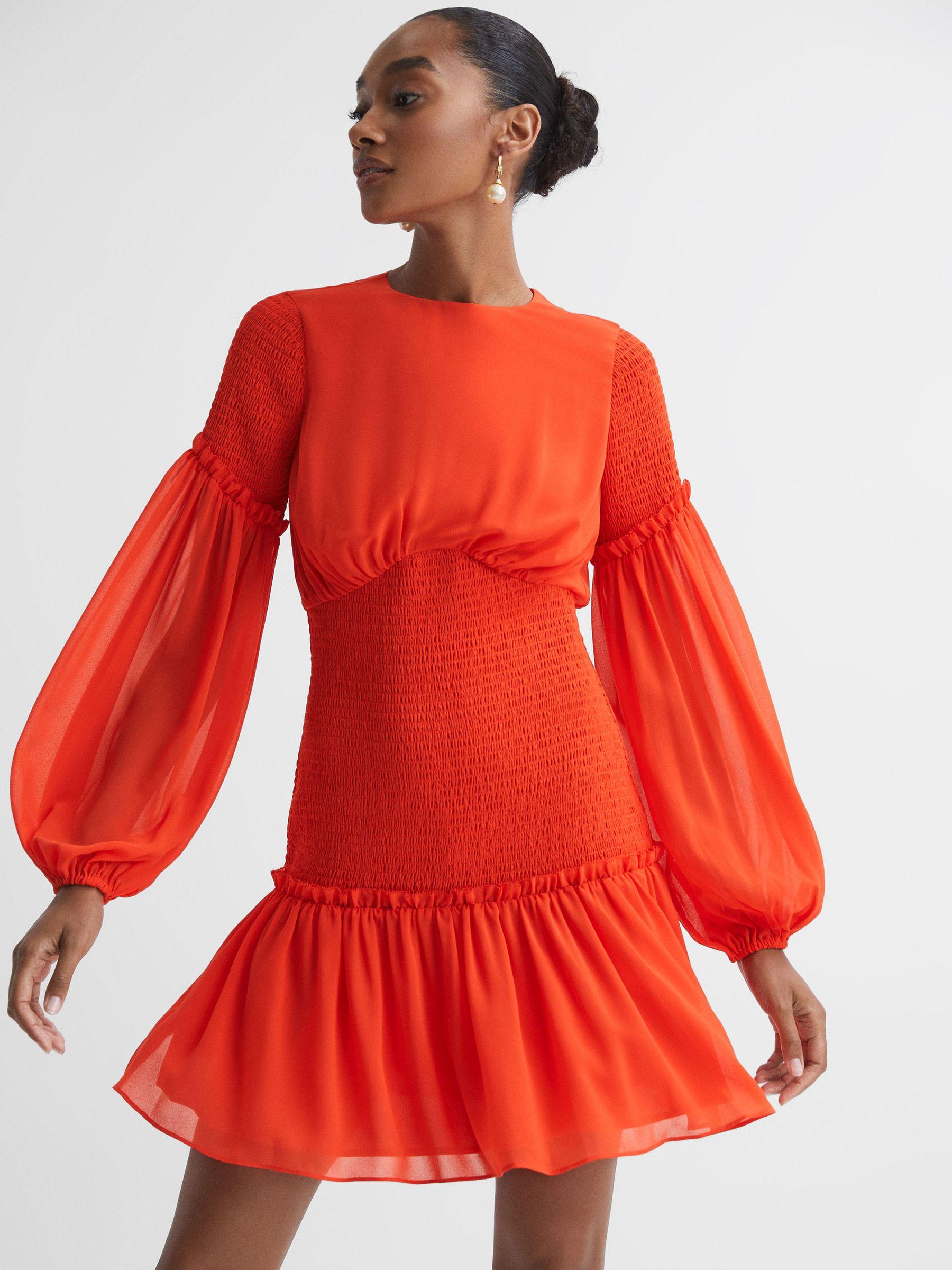 Florere Round Neck Shirred Mini Dress in Bright Orange Product Image