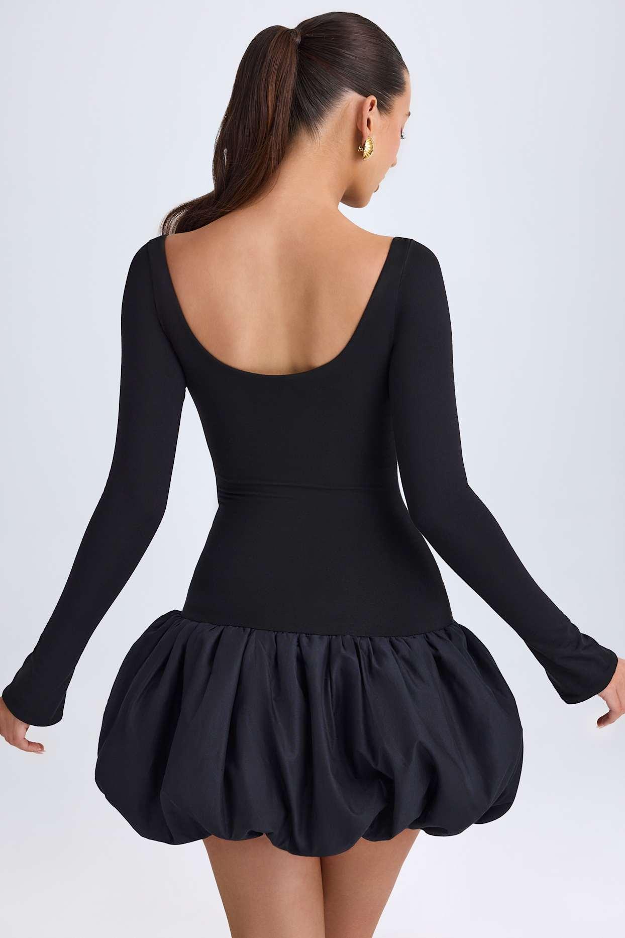 Scoop-Neck Drop-Waist Bubble Hem Mini Dress in Black Product Image