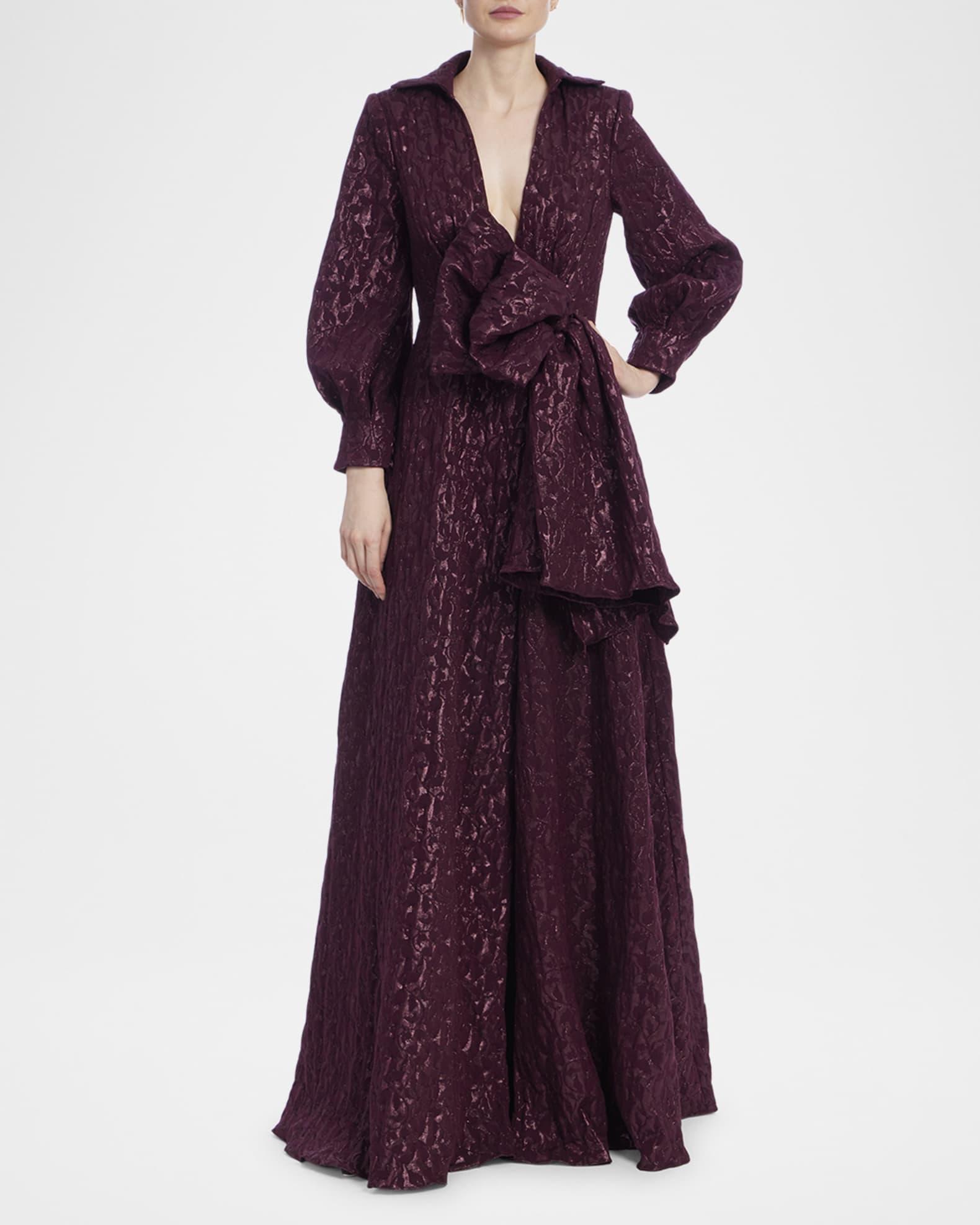 Deep V-Neck Metallic Jacquard Bow Gown Product Image