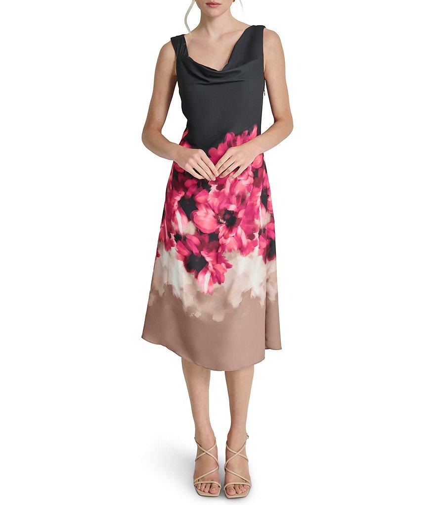 DKNY by Donna Karan Floral Woven Cowl Neck Sleeveless Midi A-Line Dress Product Image