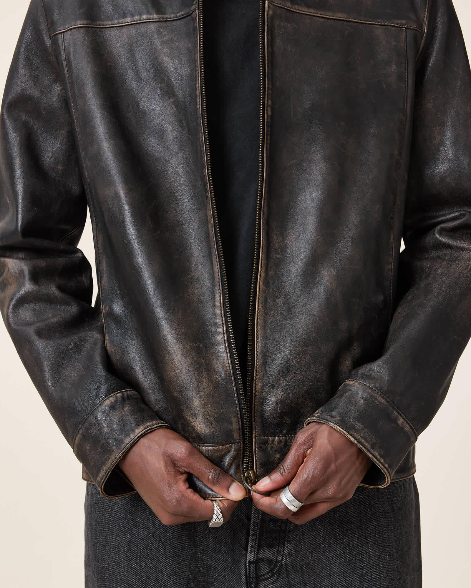 Alkan Zip Up Two Tone Leather Jacket Vintage Black | ALLSAINTS US Product Image