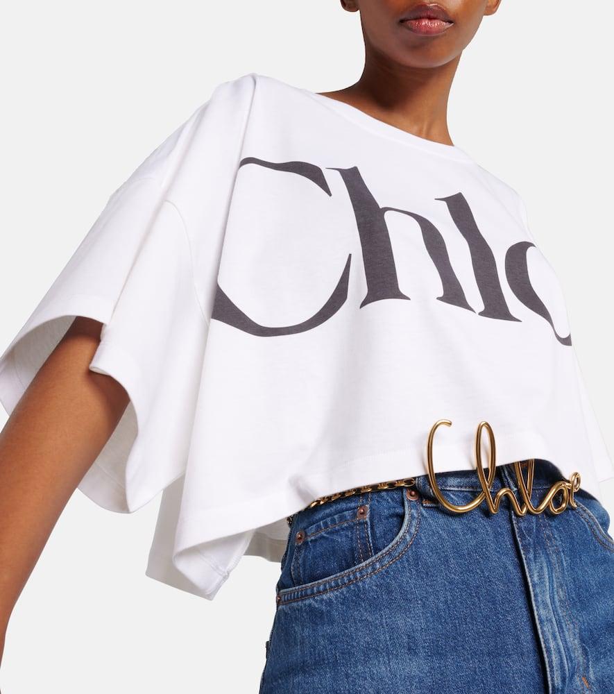 CHLOÉ White Cropped Crewneck T-shirt With Maxi Logo Print On The Front In Cotton Woman In Multicolor Product Image