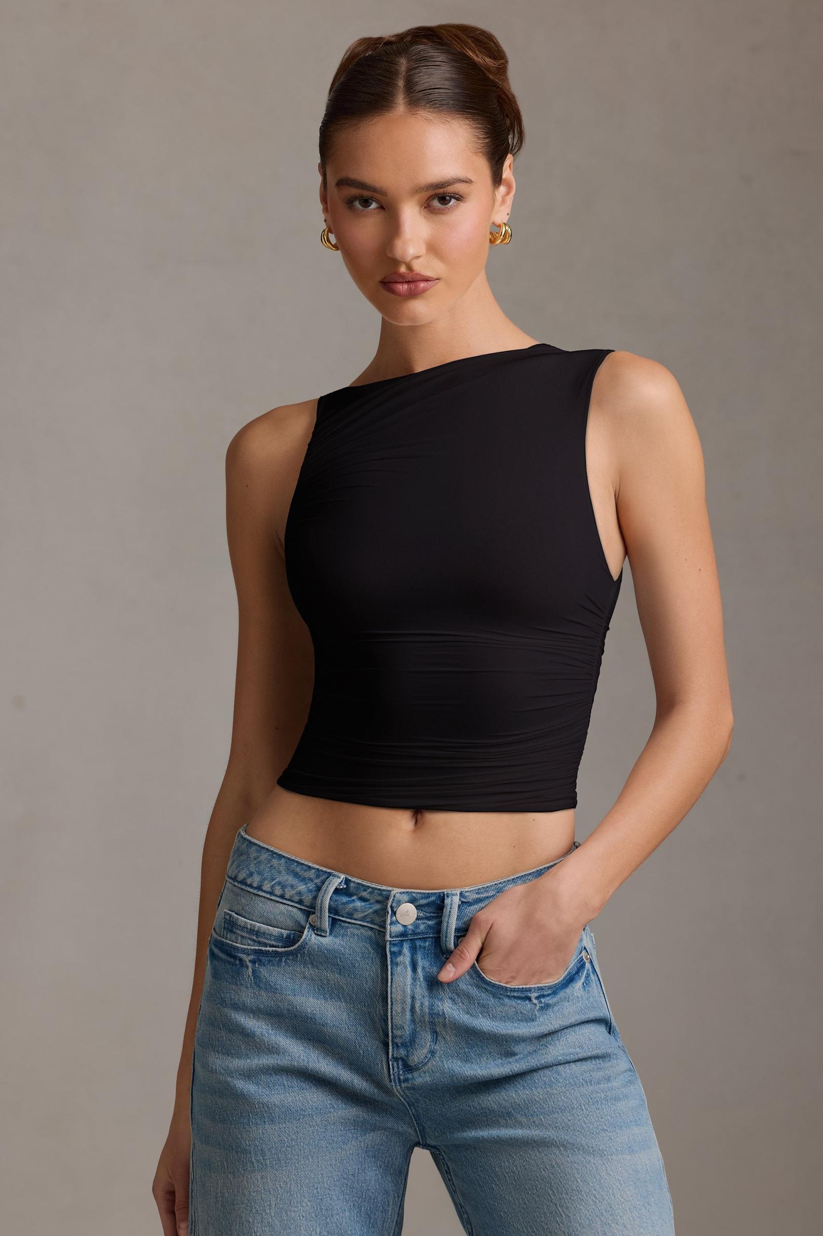 Asymmetric Ruched Tank Top in Black Product Image