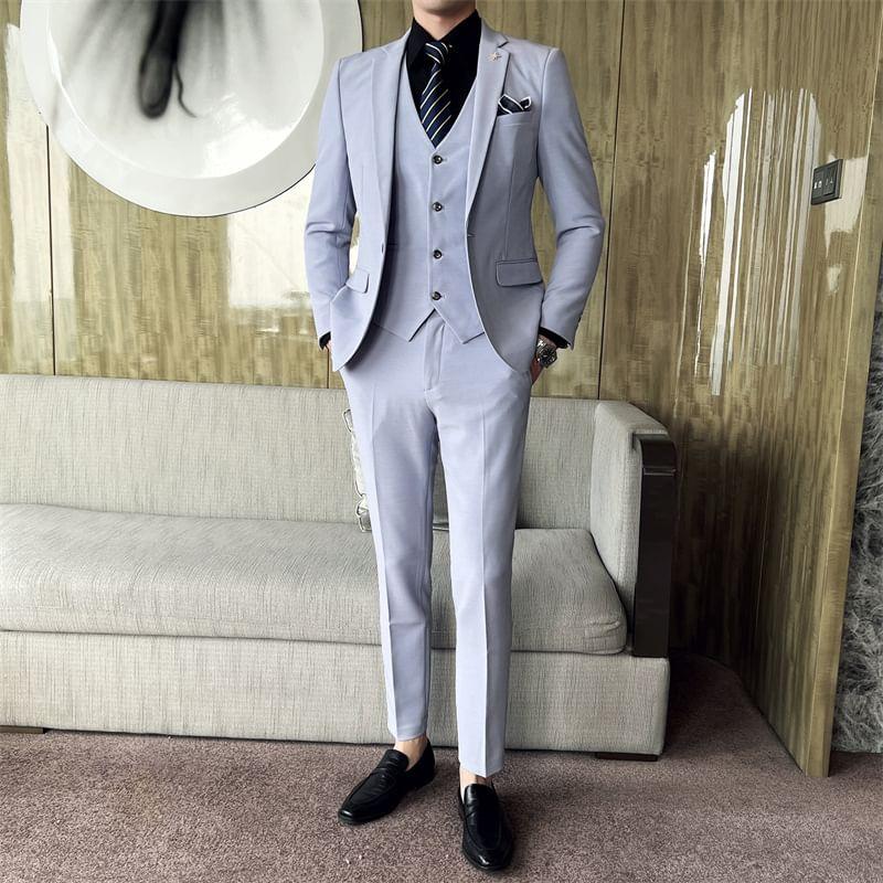 Set: Lapel Collar Plain Single Button Blazer + Mid Rise Plain Dress Pants + V-Neck Plain Single Breasted Vest Product Image