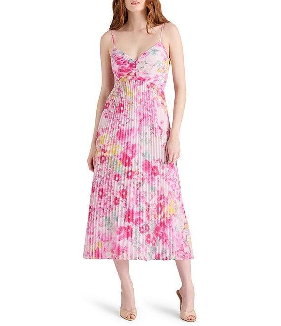 Steve Madden Ray Floral Print Sweetheart Sleeveless Chiffon Pleated Midi Dress Product Image
