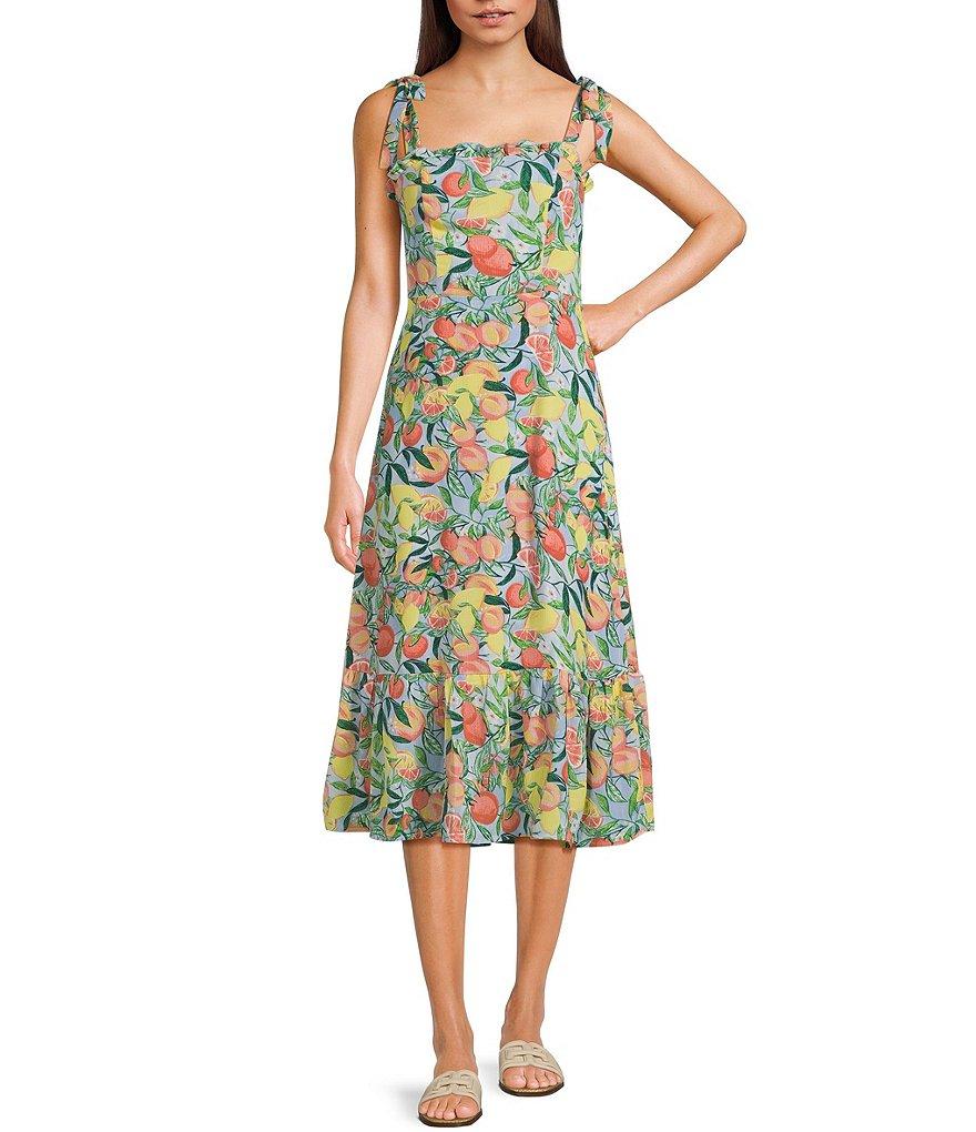 City Vibe Printed Sweetheart Neck Ruffle Tie Strap Midi Dress Product Image