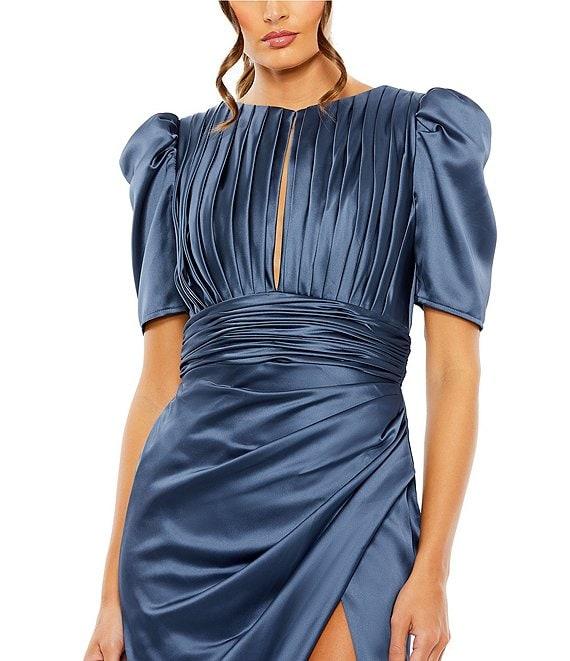 Mac Duggal Charmeuse High Neck Puff Sleeve Pleated Bodice Draped Sheath Gown Product Image