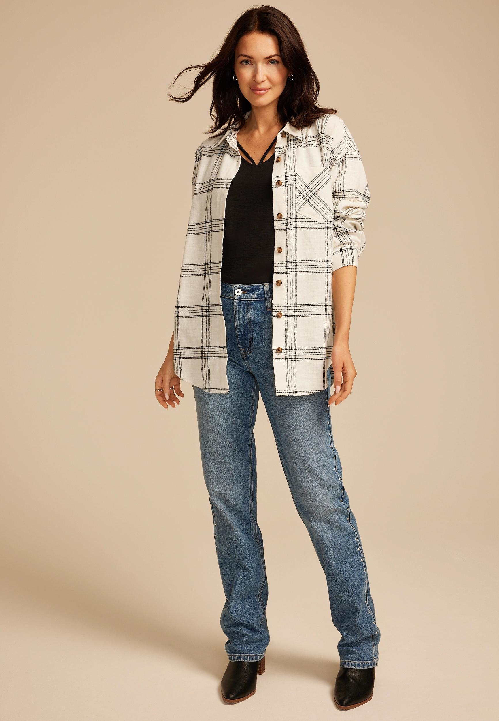 Cabin Plaid Boyfriend Tunic Button Down Shirt Product Image