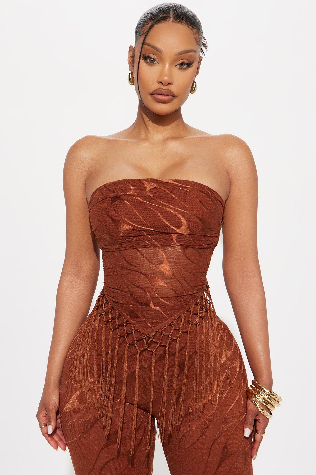 Pia Fringe Tube Top Flare Pant Set - Rust Product Image