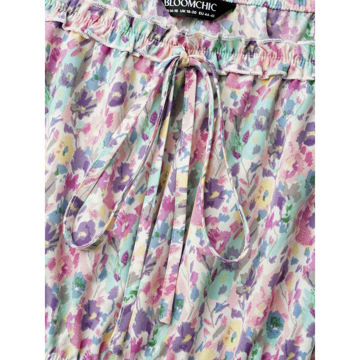 Plus Size Smocked Waist Floral Ties Tiered Maxi Dress Multicolor Women Timeless Tie knot Square Neck Short sleeve Curvy BloomChic 30/6X Product Image