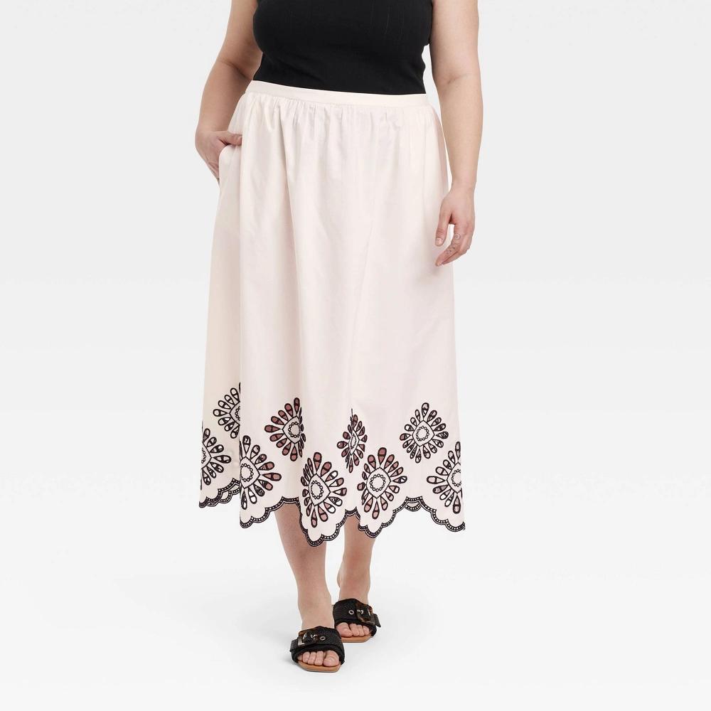 Women's Eyelet Midi Skirt - Universal Thread™ Cream XL: High Rise, Side Pocket, Back Elastic Product Image