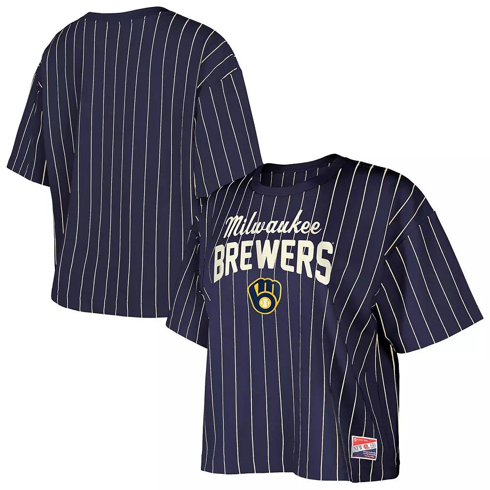 Women's New Era Navy Milwaukee Brewers Cooperstown Collection Multiplier Pinstripe Cropped T-Shirt, Size: Medium, Blue Product Image
