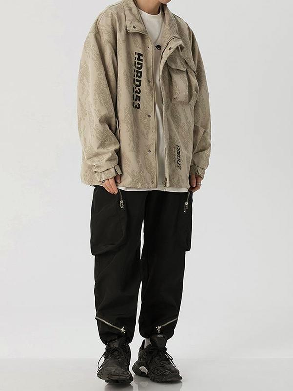 Men's Vintage Print Multi Pocket Zip Up Jacket Product Image